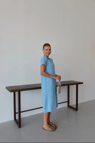 Modal yırtmaçlı elbise mavi pt - Resim 2