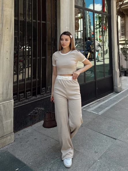 Crop pantolon biyeli takım bej - Resim 7