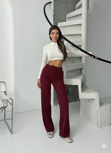 Fitilli şardonlu pantolon bordo - Resim 3