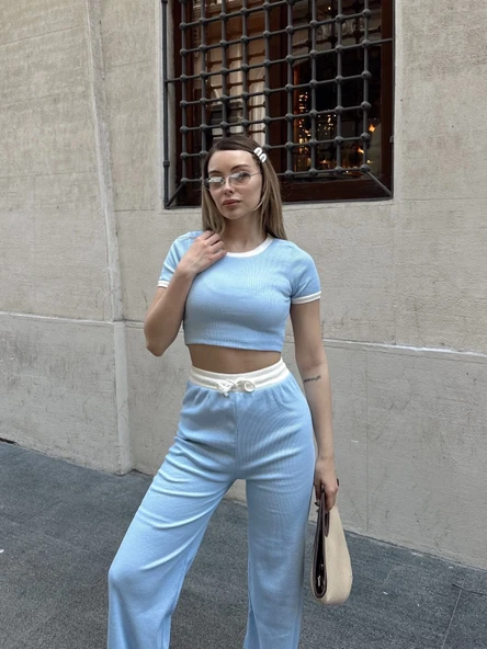 Crop pantolon biyeli takım mavi - Resim 3