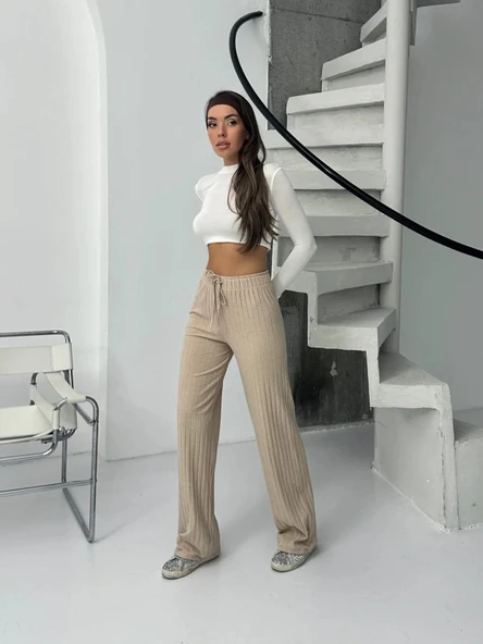 Fitilli şardonlu pantolon bej - Resim 3