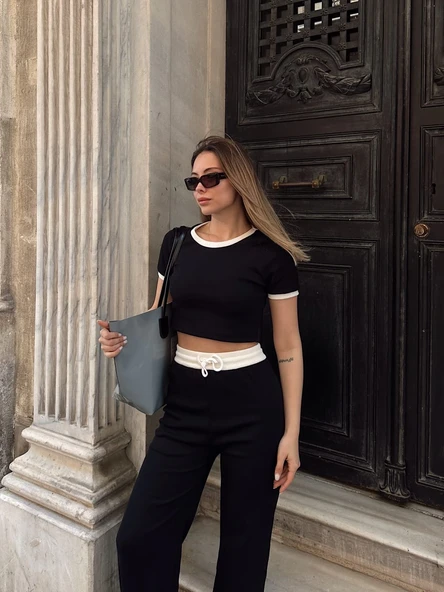 Crop pantolon biyeli takım siyah - Resim 4