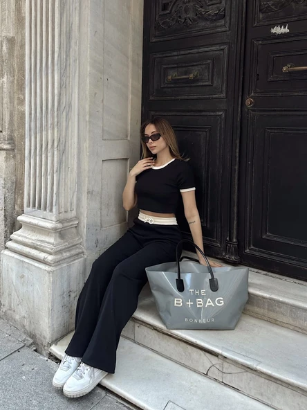 Crop pantolon biyeli takım siyah - Resim 5