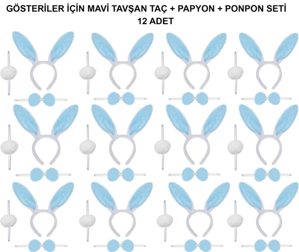 Mavi Tavşan Kostüm Seti – Taç, Papyon, Ponpon (12’li Paket) ürün görseli 1