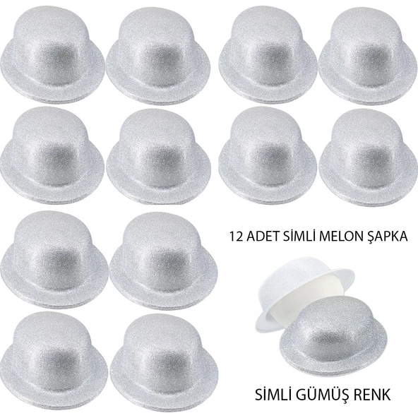 Gümüş Renk Simli Melon Yuvarlak Parti Şapkası 12 Adet ürün görseli 1