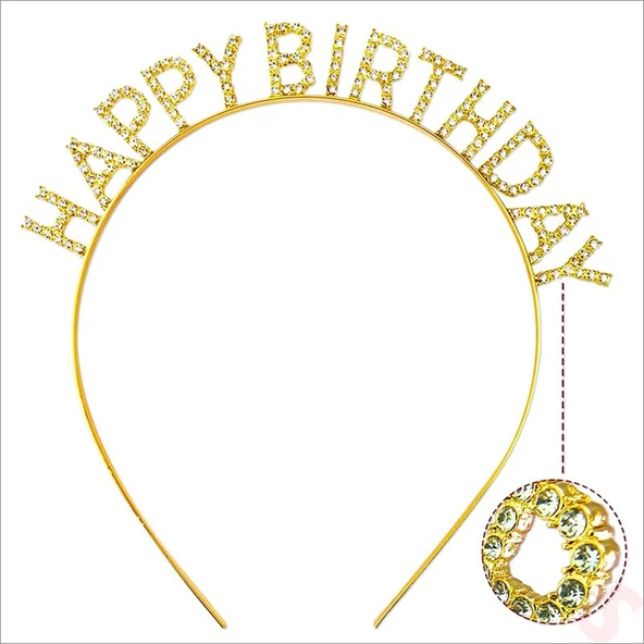 Altın Gold Renk Kristal Taşlı Parlak Happy Birthday Taç 16x17 cm ürün görseli 1