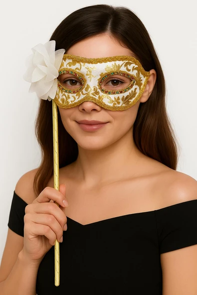 Lüks Taşlı Saplı Maskeli Balo Maskesi Beyaz Renk 35 cm ürün görseli 1