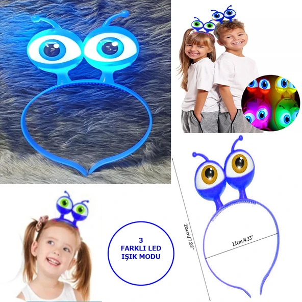 Led Işıklı & Pilli 3 Farklı Modda Yanan Uzaylı Göz Parti Tacı Mavi Renk 18x12 cm ürün görseli 1