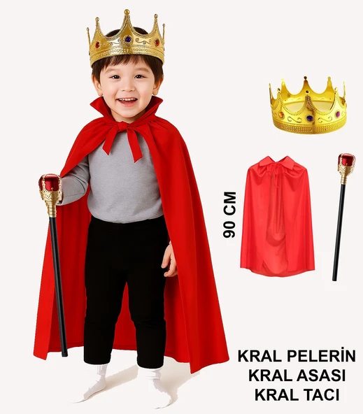 Çocuk Kral Kostüm Seti – Kırmızı Pelerin, Taç ve Asa (90 cm) ürün görseli 1