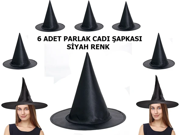 Halloween Siyah Renk Parlak Dralon Cadı Şapkası Yetişkin ve Çocuk Uyumlu 6 Adet ürün görseli 1