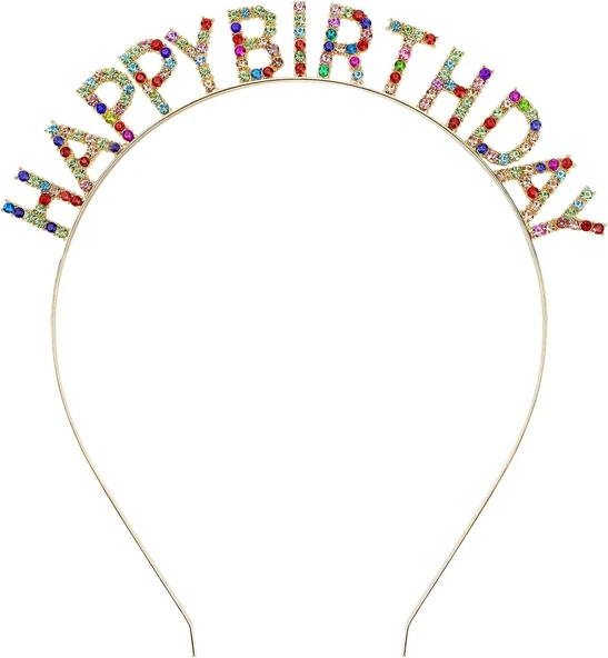 Rengarenk Kristal Taşlı Ekstra Lüks Gümüş Kaplama Happy Birthday Taç 16x17 cm ürün görseli 1