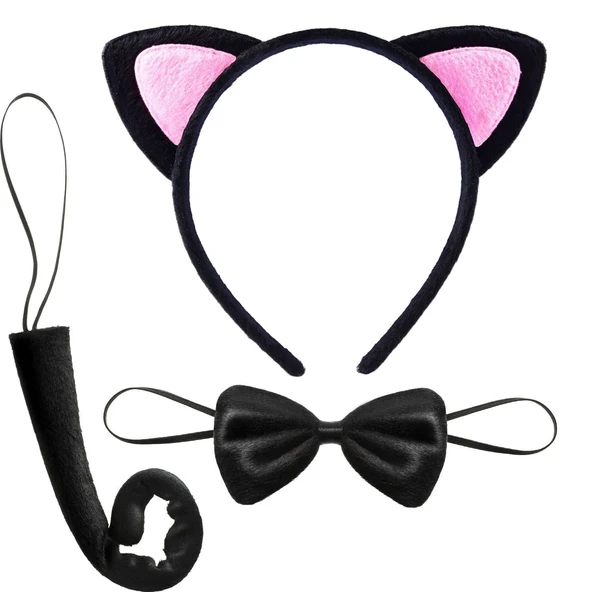 Kedi Kulak Taç Kuyruk ve Papyon 3 lü Set Çocuk Boy Pembe Renk ürün görseli 1