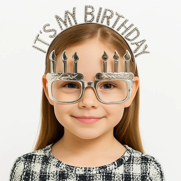 İt's My Birthday Yazılı Taç ve Mum Şekilli Gözlük Seti Gümüş Renk ürün görseli 1