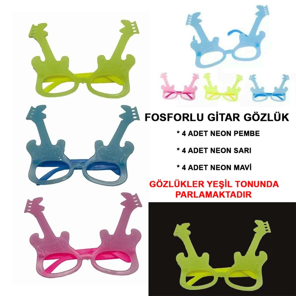 Fosforlu Gitar Model Glow Parti Gözlüğü Karanlıkta Yanan Gözlükler 12 Adet ürün görseli 1