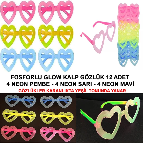 Fosforlu Kalp Model Glow Parti Gözlüğü Karanlıkta Yanan Gözlükler 12 Adet ürün görseli 1