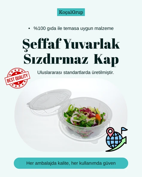 1000 cc  Şeffaf Yuvarlak Salata Kabı sızdırmaz / Avrupa Standardı- 100  Adet ürün görseli 1