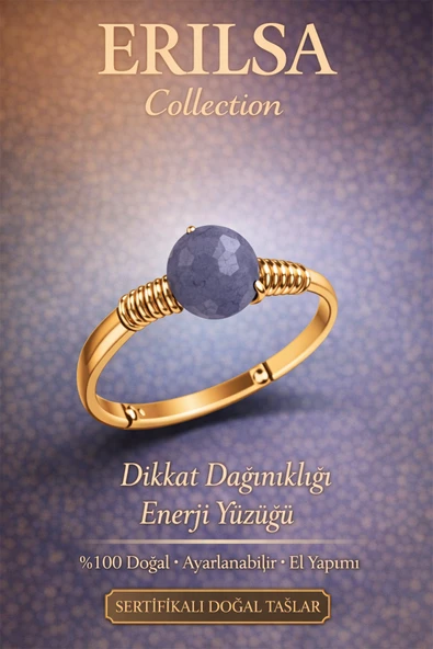 Sertifikalı Dikkat Dağınıklığı Enerji Yüzüğü – Angelit Melek Taşı Ayarlamalı Gold İnce Kova Balık ürün görseli 1