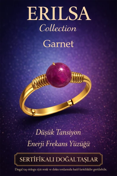 Sertifikalı Düşük Tansiyon Enerji Yüzüğü – Lal Garnet Taşı Ayarlanabilir Gold İnce Kasa Koç Aslan ürün görseli 1