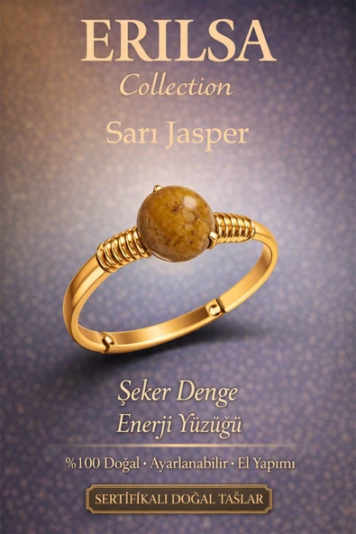 Sertifikalı Şeker Denge Enerji Yüzüğü – Sarı Jasper Ayarlanabilir Gold İnce Kasa Başak Boğa Burcu ürün görseli 1