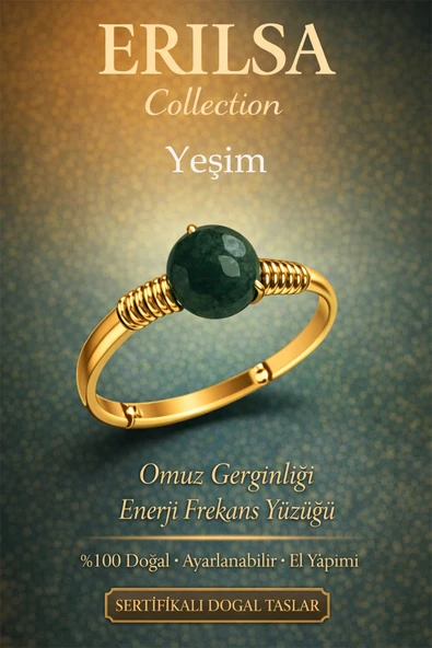 Sertifikalı Omuz Gerginliği Enerji Frekans Yüzüğü – Yeşim Taşı Ayarlanabilir Gold İnce Boğa Terazi ürün görseli 1