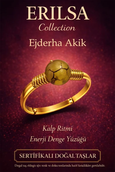 Sertifikalı Kalp Ritmi Enerji Yüzüğü – Ejderha Akik Ayarlanabilir Gold İnce Kasa Aslan Koç Burcu ürün görseli 1