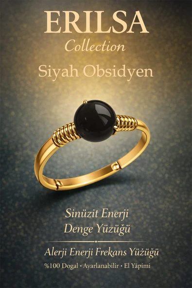 Sertifikalı Sinüzit Enerji Denge Yüzüğü – Siyah Obsidyen Ayarlanabilir Gold İnce Kasa Oğlak Akrep ürün görseli 1
