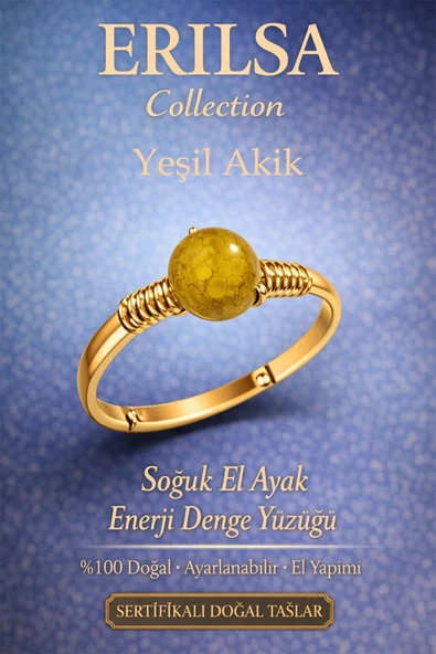 Sertifikalı Soğuk El Ayak Enerji Yüzüğü – Yeşil Akik Ayarlanabilir Gold İnce Kasa Yengeç Balık Burç ürün görseli 1
