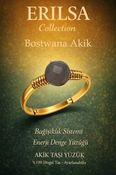 Sertifikalı Bağışıklık Enerji Denge Yüzüğü – Botswana Akik Taşı Ayarlamalı Gold İnce Akrep Oğlak ürün görseli 1