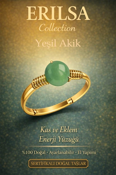 Sertifikalı Kas ve Eklem Enerji Yüzüğü – Yeşil Akik Ayarlanabilir Gold İnce Kasa Başak Boğa ürün görseli 1