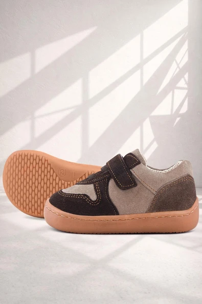 Rakerplus Bob Hakiki Deri Kum Kahve Barefoot Cırtlı Lastikli Bebek Sneaker Ayakkabı ürün görseli 1