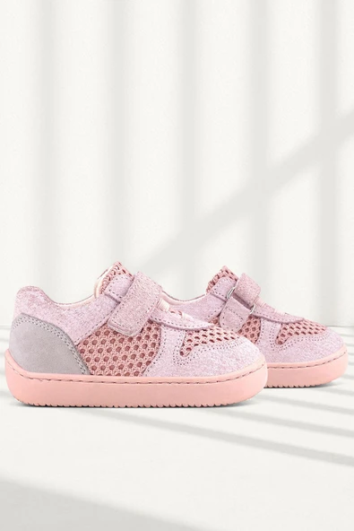 Rakerplus Bob Hakiki Deri Pudra Gri Barefoot Cırtlı Lastikli Bebek Sneaker Ayakkabı ürün görseli 1