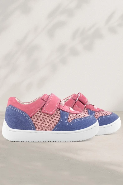 Rakerplus Bob Hakiki Deri Pembe Mavi Barefoot Cırtlı Lastikli Bebek Sneaker Ayakkabı ürün görseli 1