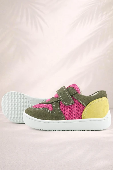 Rakerplus Bob Hakiki Deri Haki Yeşil Pembe Barefoot Cırtlı Lastikli Bebek Sneaker Ayakkabı ürün görseli 1