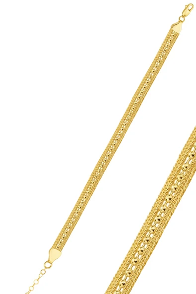 925 Ayar Gümüş Bileklik Altın Kaplama 3 sıra Top Zincirli Midyat Hasırı Bileklik SGTL12506GOLD ürün görseli 1
