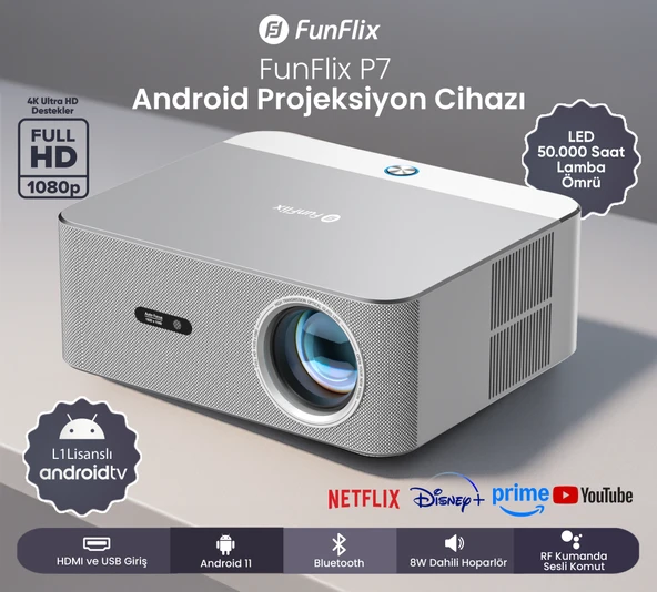 FunFlix P7 Android 4K Destekli LED Full Hd Projeksiyon Cihazı, Lisanslı Android Tv, Bluetooth, 8W Hoparlör, 7000 Lümen ürün görseli 1