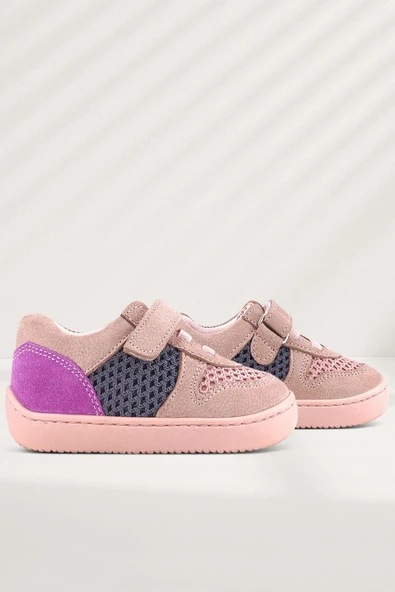 Rakerplus Bob Hakiki Deri Pudra Gri Mor Barefoot Cırtlı Lastikli Bebek Sneaker Ayakkabı ürün görseli 1