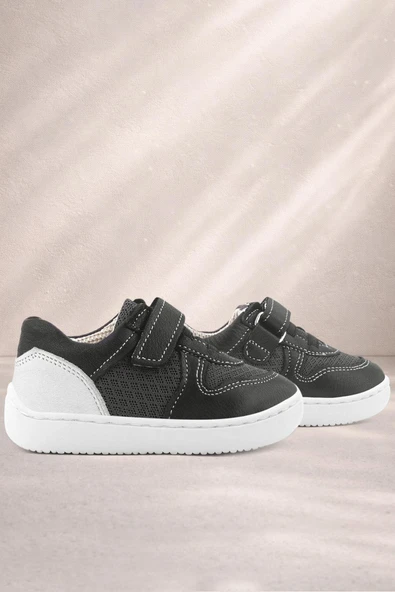 Rakerplus Bob Hakiki Deri Siyah Barefoot Cırtlı Lastikli Bebek Sneaker Ayakkabı ürün görseli 1