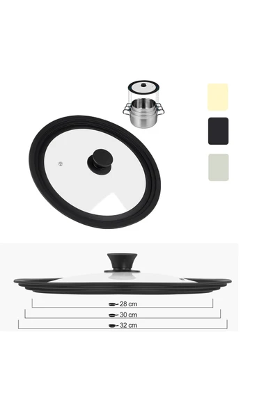 Cooker Evrensel 3 Boyutlu Kademeli Silikon Kenarlı Cam Tencere&Tava Kapağı 28-30-32cm uyumlu ürün görseli 1