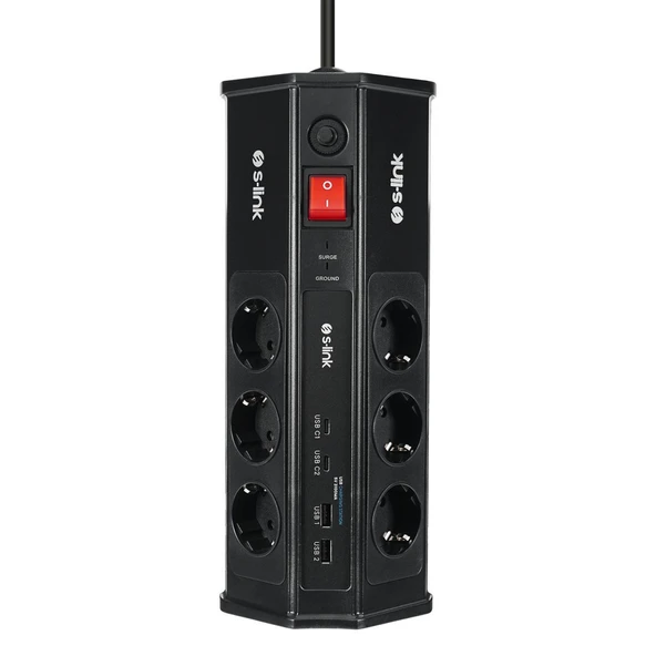 S-link PRZ03 PrizHive 3 Metre 1860 Joule 3x1.5mm 2xUSB 2xType C 2.4A/5V 250V 16A/3860W 6 lı Akım Korumalı Priz ürün görseli 1