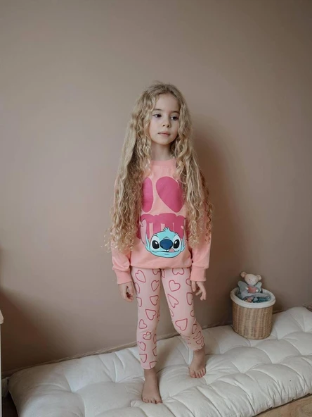 Cg Kids Stitch Temalı Kalp Baskılı Tayt Kız Çocuk Alt Üst Sweatshirt 2 İplik Alt Üst Eşofman Takım ürün görseli 1
