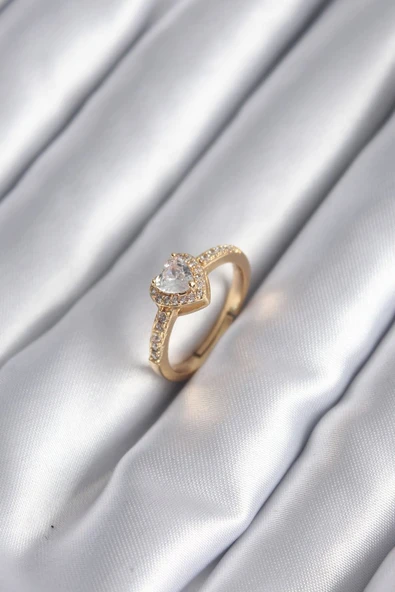 Pirinç Gold Renk Zirkon Taşlı Kalp Charm Model Kadın Yüzük - TJ-BYK2959 ürün görseli 1