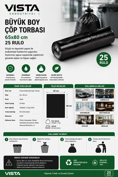 Vista Endüstriyel Büyük Boy Çöp Torbası 65x80 cm 25 Rulo ürün görseli 1