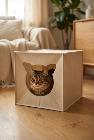 Keçe Kedi Yuvası Dekoratif Mama Kabı Altlığı Hediyeli Organizer Düzenleyici Katlanabilir Bej ürün görseli 1