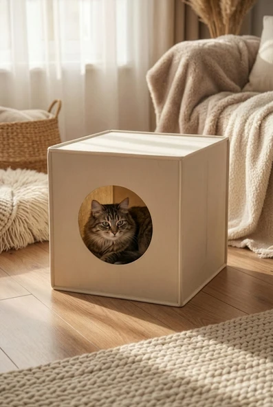 Keçe Kedi Yuvası Organizer Düzenleyici Katlanabilir Bej ürün görseli 1