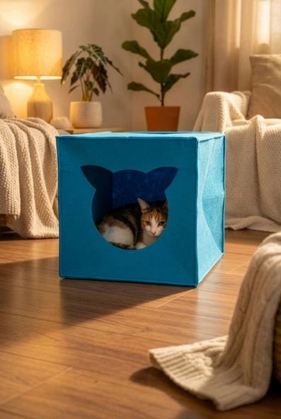 Mavi Keçe Kedi Yuvası Dekoratif Mama Kabı Altlığı Hediyeli Organizer Düzenleyici Katlanabilir ürün görseli 1