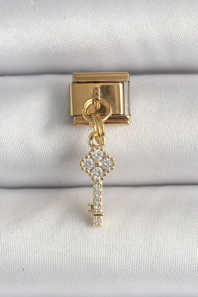 316L Çelik Gold Renk Sallantı Zirkon Taşlı Anahtar Model Nomination Charm - TJ-BC1338 ürün görseli 1