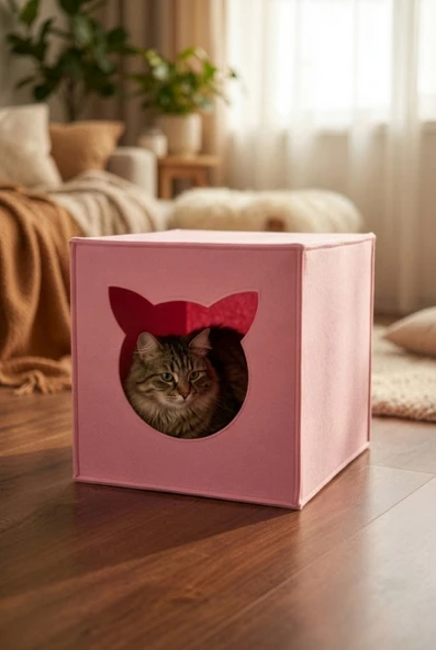 Pembe Keçe Kedi Yuvası Dekoratif Mama Kabı Altlığı Hediyeli Organizer Düzenleyici Katlanabilir ürün görseli 1