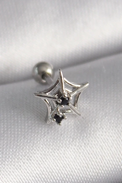 316L Çelik Gümüş Renk Siyah Zirkon Taş Detay Örümcek Ağ Model Tragus Piercing - TJ-PR1293 ürün görseli 1