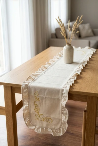 Nakış Detaylı Fırfırlı Masa Runner 40x120 cm  Şık Dekoratif Masa ve Konsol Örtüsü ürün görseli 1