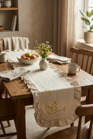 Kelebek Nakış Detaylı Fırfırlı Masa Runner 40x120 cm  Şık Dekoratif Masa ve Konsol Örtüsü ürün görseli 1